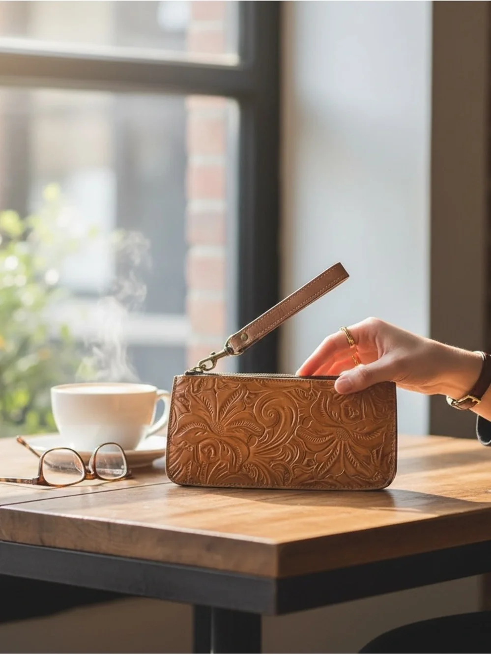 Patricia Nash Tooled Leather Wristlet Floral Western Boho Clutch Tan Brown